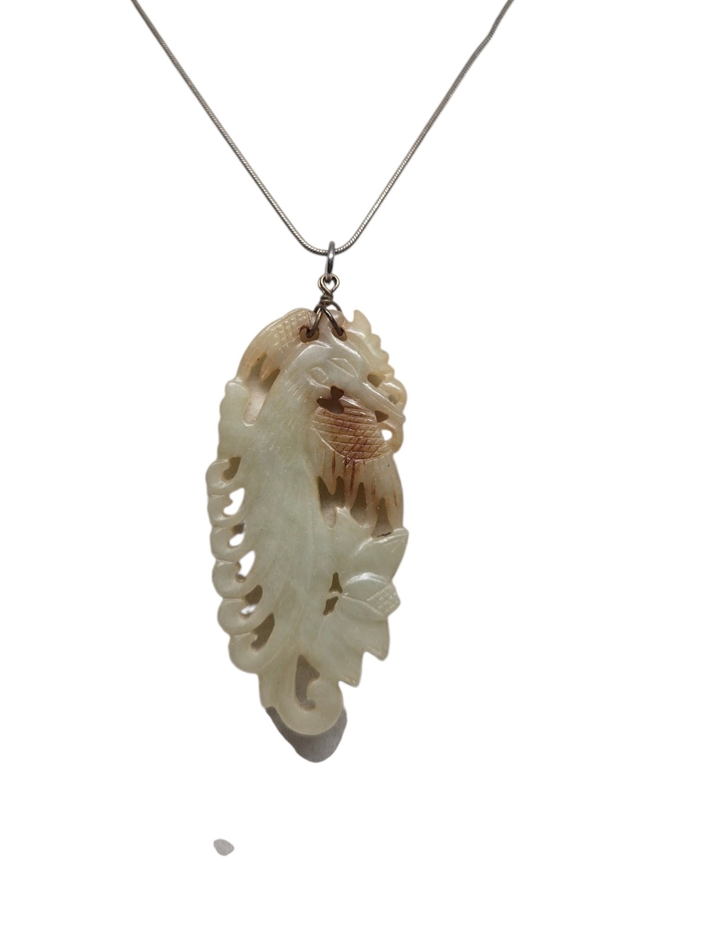 Carved Jade Bird Pendant 925 Sterling Silver Necklace - Picture 4 of 8